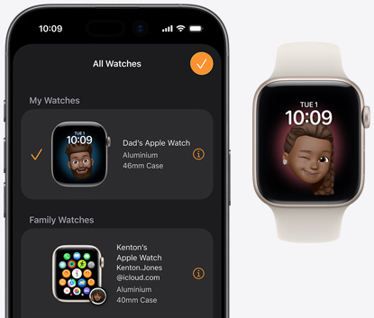 iPhone 17, Watch app, paired Apple Watch SE 3, aluminium case, starlight colour, Memoji face, starlight Sport Band