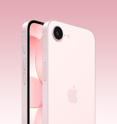 iPhone 17e в нежно розово, частичен преден екран, цял заден панел с логото на Apple и единична камера, отстрани са показани бутон Действие, сила на звука и странични бутони.
