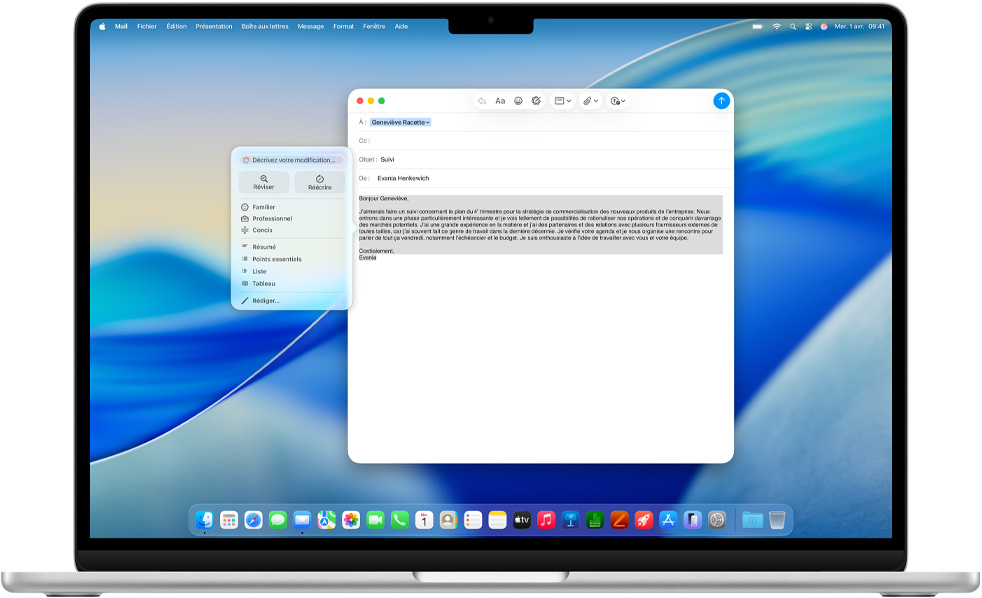 Écran d’un MacBook Air montrant les outils d’écriture Apple Intelligence utilisés pour rédiger un courriel