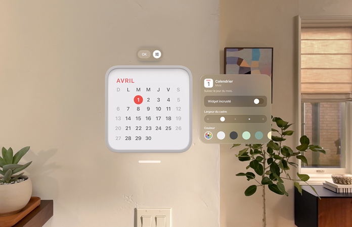 Widget Calendrier, avec la date du premier avril sélectionnée, flottant au mur, widget Rappels flottant au-dessus, et à droite, options de personnalisation flottantes pour l’épaisseur et la couleur du cadre