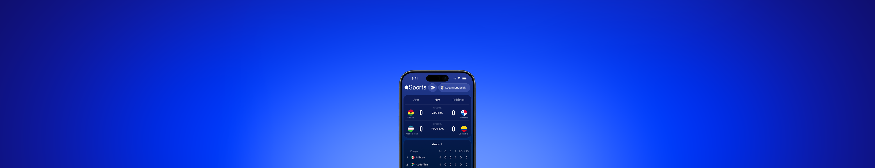 App Apple Sports en un iPhone que muestra los partidos del día de la Copa Mundial de la FIFA 2026, pestaña Hoy seleccionada