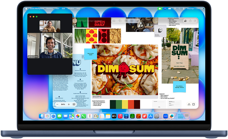 MacBook Neo v barvě indigo, na obrazovce je vidět probíhající videohovor a okno aplikace Freeform s nabídkou, fotkami jídla a ilustracemi pro restauraci s knedlíčky dim sum