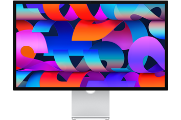Vue avant du Studio Display avec un fond d’écran coloré évoquant un ruban