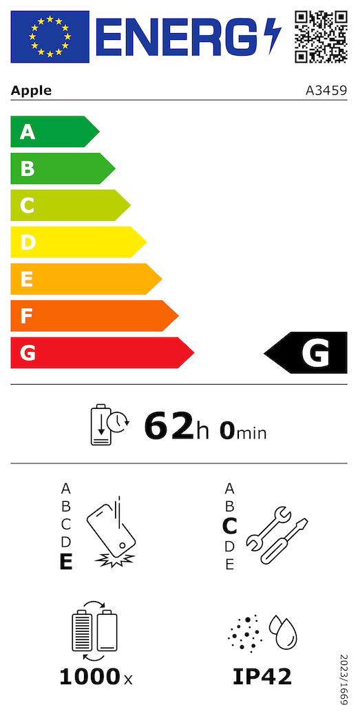 Etiqueta energética da UE, código QR e informações, modelo A3459 da Apple, classe G, classes de eficiência energética (numa escala de A a G), A (mais eficiente) a G (menos eficiente), autonomia da bateria por ciclo, 62 horas e 0 minutos por carga completa da bateria, classe E de fiabilidade em queda livre repetida, A (mais robusta) a E (menos robusta), classe C de reparabilidade, A (mais reparável) a E (menos reparável), 1000 de autonomia da bateria em ciclos, classificação IP42 de proteção contra a entrada de pó e água, regulamento 2023/1669