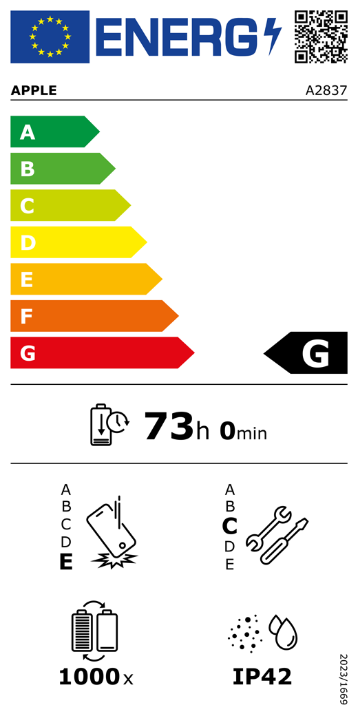 Código QR e información de la etiqueta energética de la UE, modelo A2837 de Apple, clase G, clases de eficiencia energética (con una escala de la A a la G), de la A (la más eficiente) a la G (la menos eficiente), duración de la batería por ciclo, 73 horas y 0 minutos por carga completa de la batería, fiabilidad en caídas repetidas de clase E, de la A (la más robusta) a la E (la menos robusta), reparabilidad de clase C, de la A (la más reparable) a la E (la menos reparable), 1.000 ciclos de carga de la batería, grado de protección contra la entrada de polvo y agua (IP) IP42, normativa 2023/1669