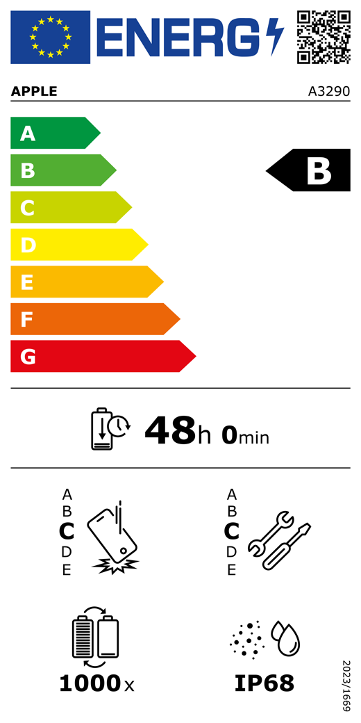 EU-energimærke, QR-kode og information, Apple-model A3290, klasse B, energieffektivitetsklasser (med en skala fra A til G), A (mest effektiv) til G (mindst effektiv), batteriholdbarhed pr. cyklus: 48 timer og 0 minutter pr. fuld batteriopladning, klasse C for holdbarhed ved gentagne frie fald, A (mest robust) til E (mindst robust), klasse C for reparerbarhed, A (mest reparerbar) til E (mindst reparerbar), batteriholdbarhed på 1000 cyklusser, IP-klassificering for støv- og vandbeskyttelse: IP68, forordning 2023/1669.