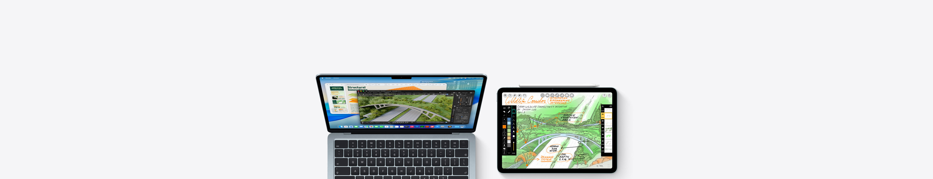 Mac und iPad, auf deren Bildschirmen in verschiedenen Apps Studieninhalte angezeigt werden