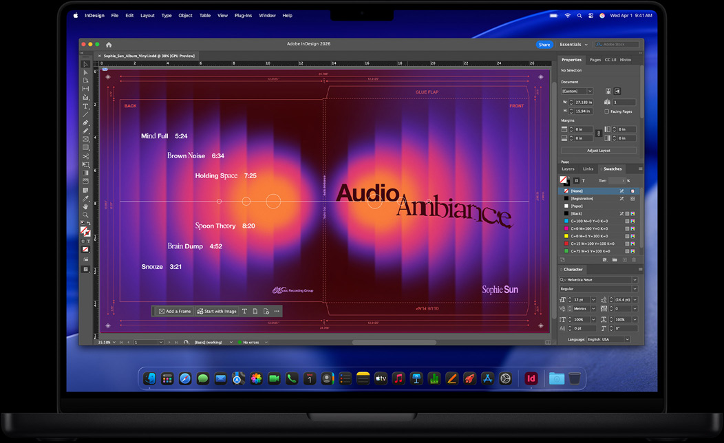 MacBook Pro-skærm med Adobe InDesign, der bruges til at lave et vinylpladeomslag