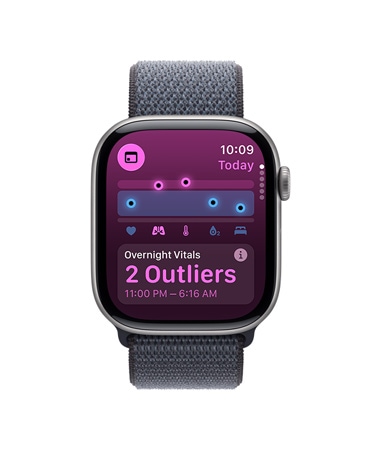 Apple Watch Series 11, svemirski siva boja, aluminijsko kućište, aplikacija Vitalne funkcije, grafikon ocjene zdravlja, obavijest o noćnim vitalnim funkcijama izvan uobičajenog raspona, vanjska desna strana, Digital Crown, sportska narukvica, tamno siva boja