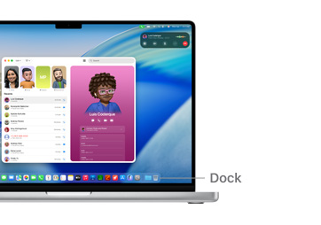 A macOS navigációs lehetőségeiről készült bemutató egy 14 hüvelykes MacBook Prón a Dock elhelyezkedését jelző vonallal.