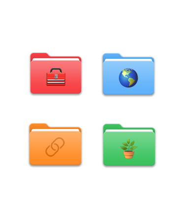 Empat folder File dalam pola grid, masing-masing memiliki warna berbeda seperti merah, biru muda, oranye, dan hijau dengan berbagai ikon seperti yogi, bola dunia, simbol tautan URL, dan tanaman.