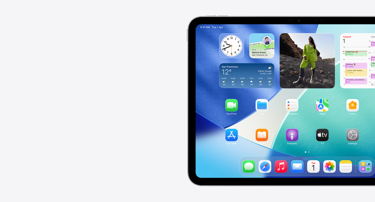iPad, landscape orientation, left side of screen only, Home Screen with stacked widgets including translucent clock showing Liquid Glass effect, Find My app, Weather widget, two rows of smaller apps and the dock