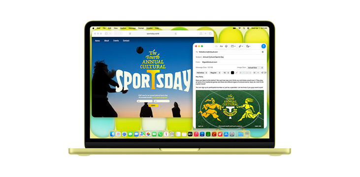 Démonstration d’apps comme Microsoft PowerPoint, Messages et Pages sur un MacBook Pro 14″.
