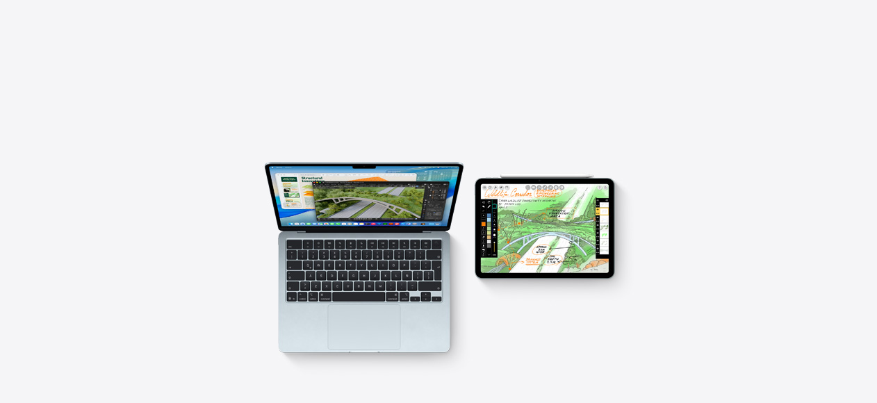 Una Mac y un iPad, en pantalla se muestran trabajos de cursos universitarios en varias apps