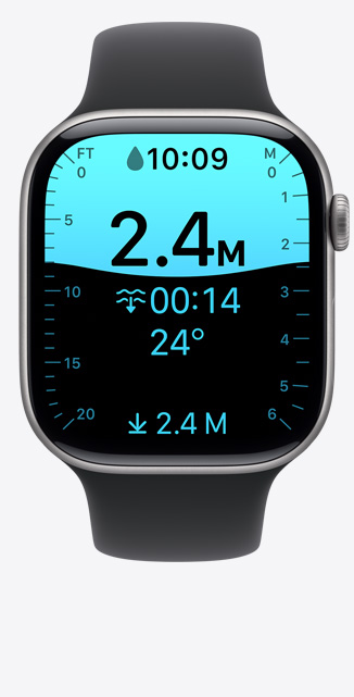 Apple Watch Series 11, alumininum case, space grey colour, Depth app screen, dive at 8 feet