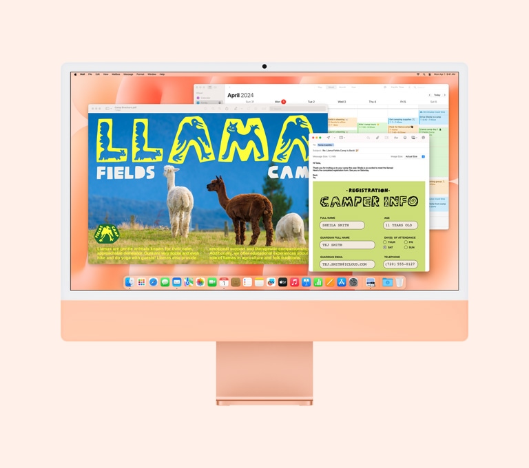 Pomarańczowy iMac: na ekranie widać używane aplikacje Podgląd, Poczta i Kalendarz.