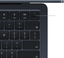 Colțul din dreapta sus al tastaturii MacBook Air, arătând locul unde se află butonul Touch ID