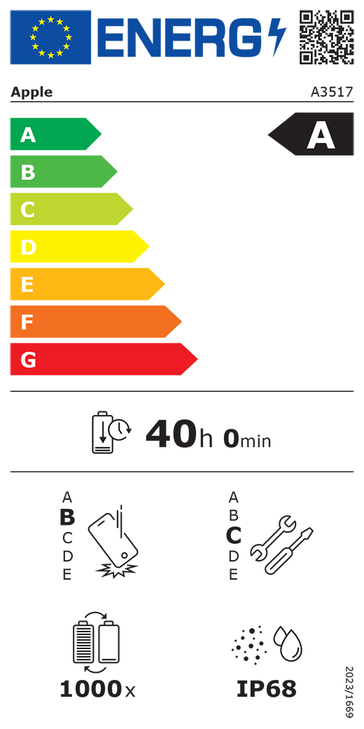 QR kód a informácie na energetickom štítku EÚ, model Apple A3517, trieda A, triedy energetickej účinnosti (so stupnicou od A po G), A (najúčinnejšia) až G (najmenej účinná), výdrž batérie na jeden cyklus, 40 hodín a 0 minút na plné nabitie batérie, trieda spoľahlivosti pri opakovanom voľnom páde B, A (najodolnejšia) až E (najmenej odolná), trieda opraviteľnosti C, A (najopraviteľnejšia) až E (najmenej opraviteľná), výdrž batérie 1 000 cyklov, stupeň ochrany proti vniknutiu prachu a vody (IP) IP68, nariadenie 2023/1669