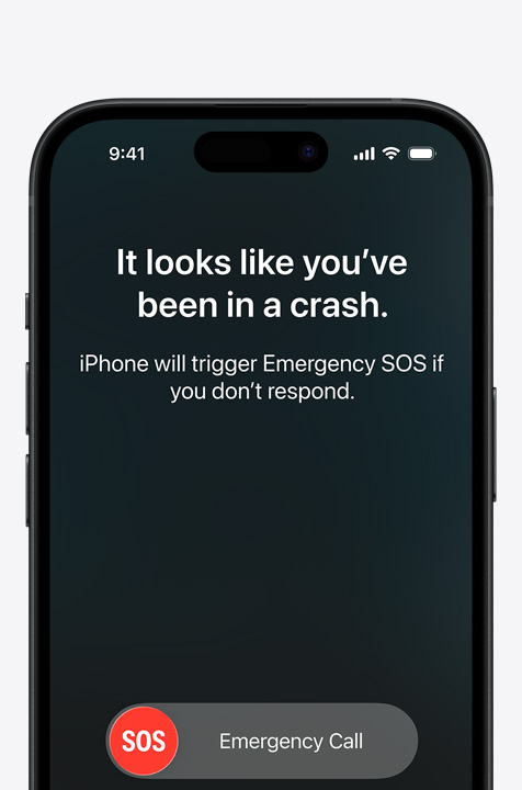 Vedľa seba, obrazovka iPhonu s widgetmi Správy, Nájsť, Asistenčná služba k dispozícii cez satelit, obrazovka iPhonu zobrazujúca používanie Tiesňového volania SOS, obrazovka iPhonu zobrazujúca používanie Asistenčnej služby
