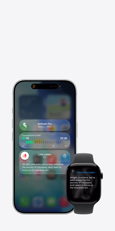 iPhone 17 Pro screen showing active Live Listen session with caption for captured audio and Apple Watch Series 11 screen showing Live Captions of the same captured audio