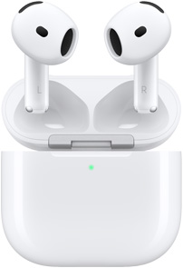 Кутия за зареждане на AirPods 4, отворена, с AirPods носещи се над нея.