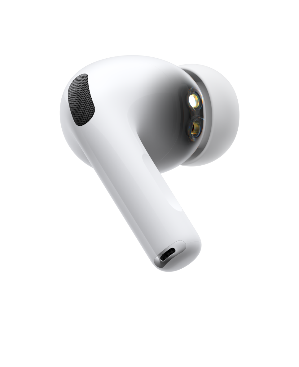 AirPods Pro 3, kabellose Kopfhörer, Weiß, Seitenansicht, kurzes röhrenförmiges Ende, Mikrofon mit Geräuschunterdrückung, Ohreinsatz aus Silikon, pulsierende Welle