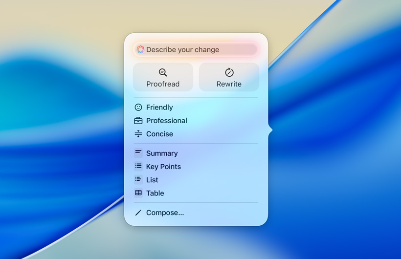Interface d’utilisation des outils d’écriture avec un champ de texte permettant de saisir des demandes, les boutons de révision et de réécriture, différents tons d’écriture, et les options Résumé, Points clés, Tableau et Liste
