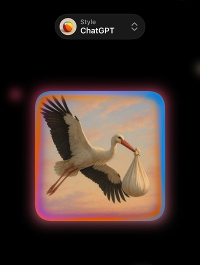 Un écran d’Image Playground affiche une image photoréaliste d’une cigogne tenant un baluchon dans son bec, et des options de styles d’image personnalisés de ChatGPT