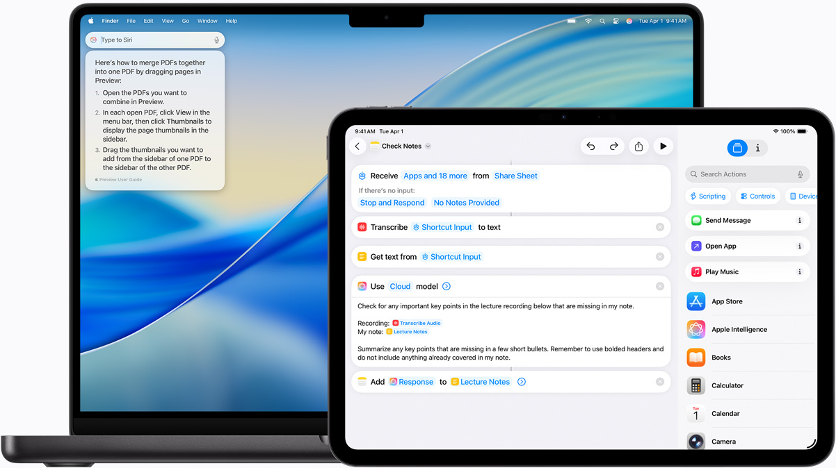 Un Mac affichant Écrire à Siri, et un iPad montrant un raccourci intégrant Apple Intelligence.