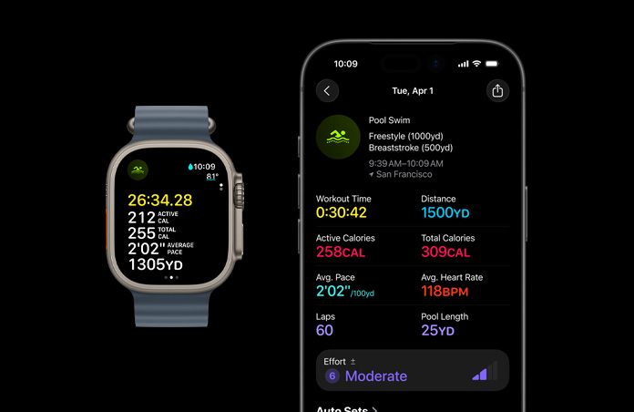 Apple Watch Ultra 3 med urkasse i titanium i farven naturlig, Ocean-rem i stålblå og træningstypen Svømning aktiveret samt træningsmålinger med større skrift på en iPhone