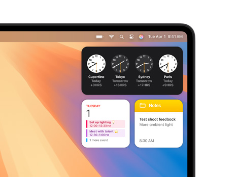Verschillende widgets op een Mac-bureaublad, waaronder Klok, Agenda, Notities en Weer.