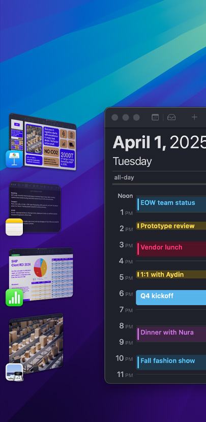 Verschillende iOS-apps op een desktop. De Agenda-app wordt het meest prominent weergegeven. Er staat een overzicht van de dag in.