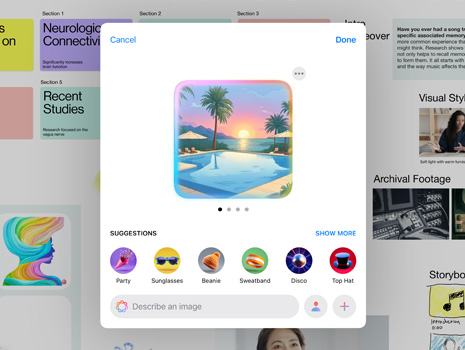 UI of the Image Playground experience shows a pool with palm trees during a colourful sunset with suggestions for more elements to add to the image.