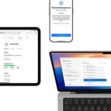 Een iPad, iPhone en MacBook tonen allemaal verschillende onderdelen van Apple Business Manager.