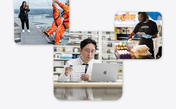 不同的小型企業，包括一個身穿實驗室袍的藥劑師正使用 MacBook、一個笨豬跳教練用 iPhone 為兩個即將玩笨豬跳的人拍照、一位男士一邊拿著 iPad 一邊處理食品、一位女士用 iPad 為桌上展示的襪子拍照。
