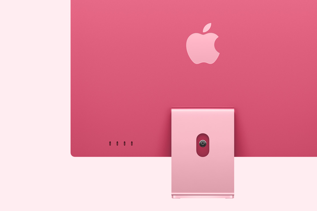 Vista posterior de un iMac rosa, que destaca los cuatro puertos USB-C
