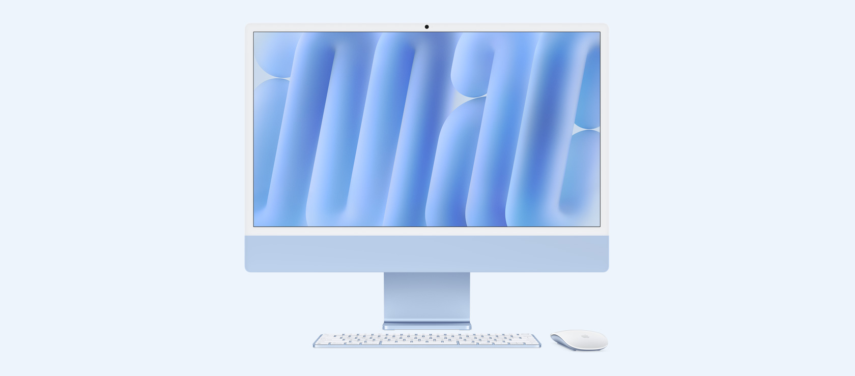 Vista frontal de un iMac azul con mouse y teclado a juego