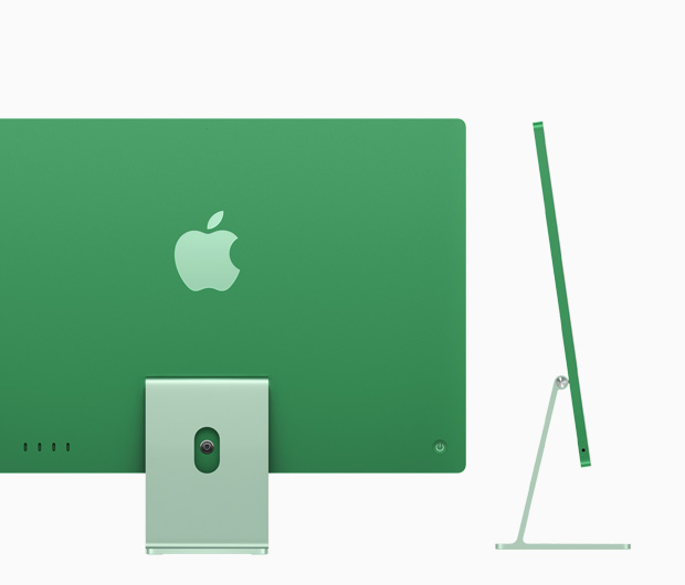Vista posterior de un iMac verde que muestra los cuatro puertos USB-C