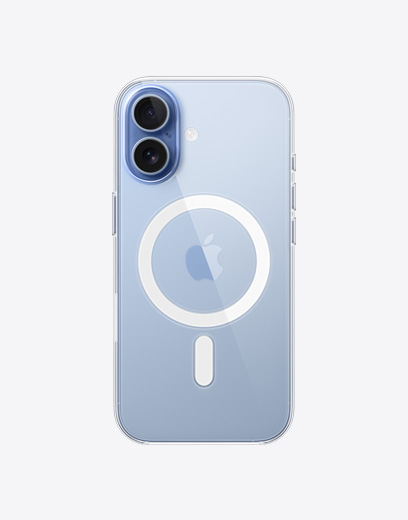 Vista traseira do iPhone 17, Capa transparente com MagSafe e sistema de câmara Dual Fusion no canto superior esquerdo