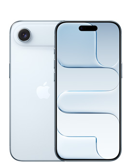 Vista traseira do iPhone Air azul‑céu, com sistema de câmara Fusion no topo, logótipo Apple ao centro e vista frontal do iPhone Air azul‑céu, com Dynamic Island centrada em cima