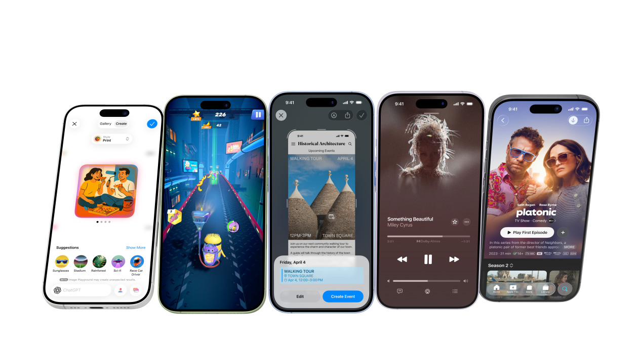 Urządzenia iPhone 17 w różnych kolorach, ich ekrany ukazują różne apki