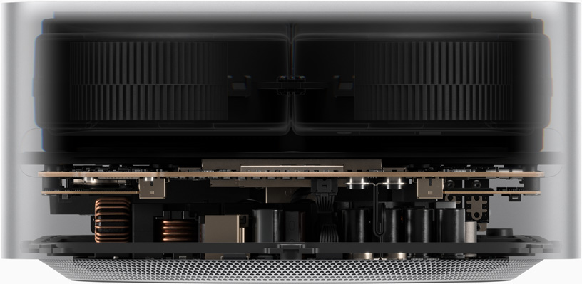 Maße des Mac Studio mit einer Breite von 19,7 cm und einer Höhe von 9,5 cm
