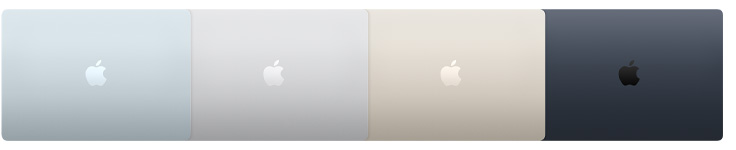 Exteriors of four MacBook Air models, showcasing four different finishes