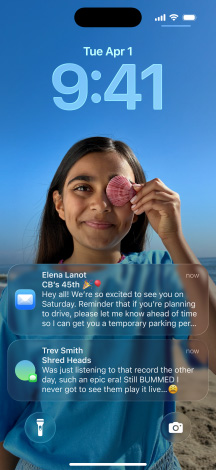 iPhone, five models, each model slightly overlapping the one next to it: far left screen shows a conversation with a background in Messages; second to the left screen shows Home Screen with colourful app icons; centre model shows Lock Screen with photo, numerals for time in Liquid Glass, two notifications appear on bottom of screen; second to the right model shows clear Liquid Glass app icons; far right model shows music player in Liquid Glass