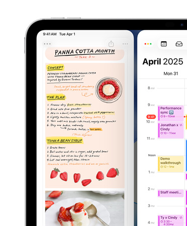 橫向放置的 iPad，螢幕左上方並排展示備忘錄和日曆 app，以示範為視窗並排功能