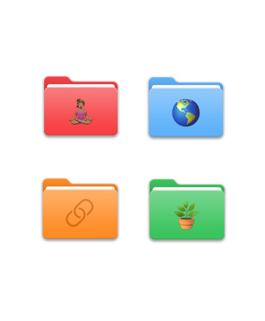 Four File folders in a grid pattern, each one a different colour like red, light blue, orange and green, with different icons on it like yogi, globe, URL link symbol and plant.