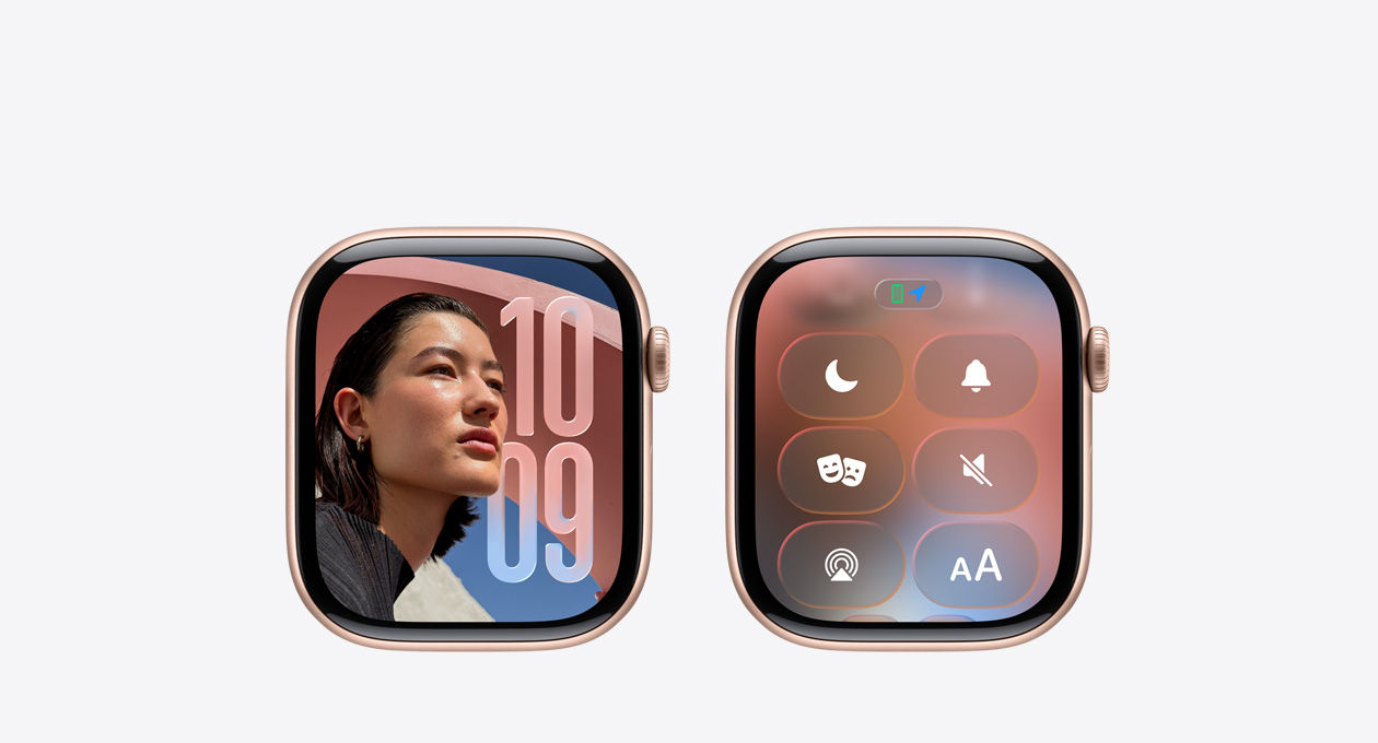 Kayışsız Roze Altın rengi Apple Watch'un kadranındaki Saat uygulamasında, WatchOS 26’nın yeni Liquid Glass tasarımı görünüyor