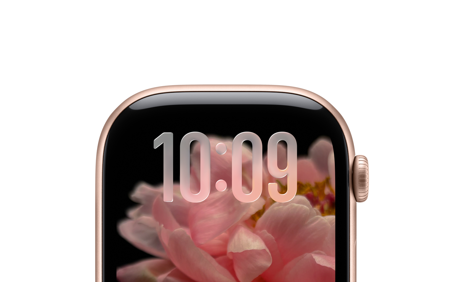 Kayışsız Roze Altın rengi Apple Watch'un kadranının yalnızca üst kısmı görünüyor; üstte yarı saydam Liquid Glass saat rakamları yer alıyor