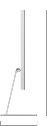 Vue latérale du Studio Display avec support à inclinaison réglable, indiquant la hauteur et la profondeur